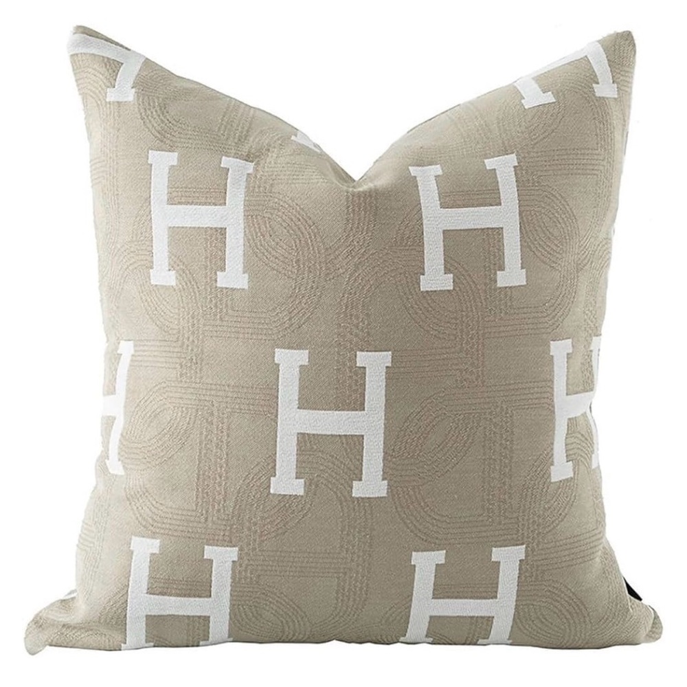 Beige Pillow with White H Pattern